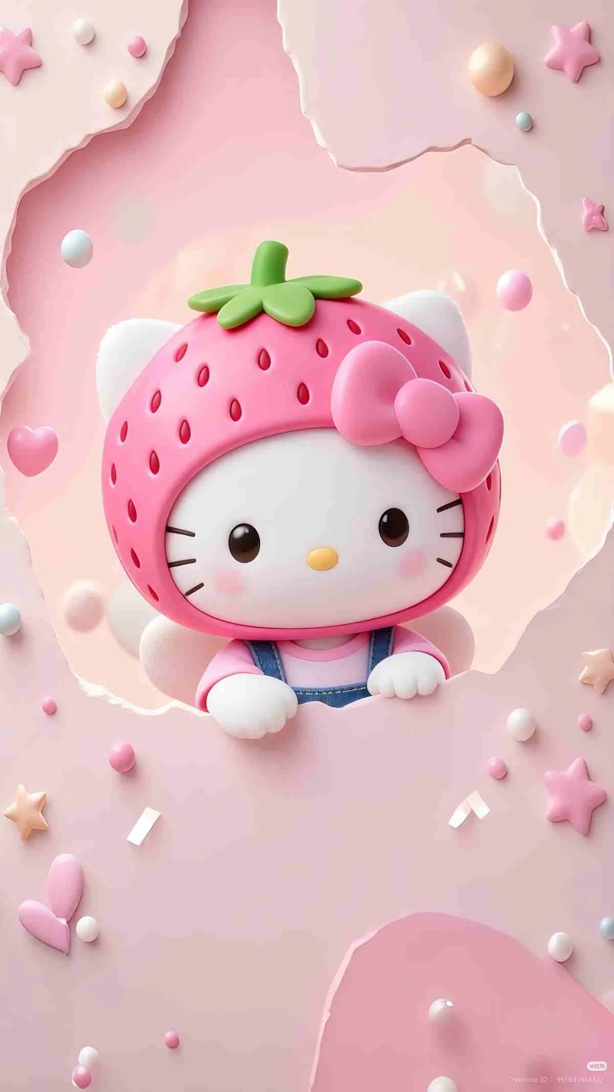 Hình hello kitty cute mặc bộ dâu tây trên nền hồng trang trí