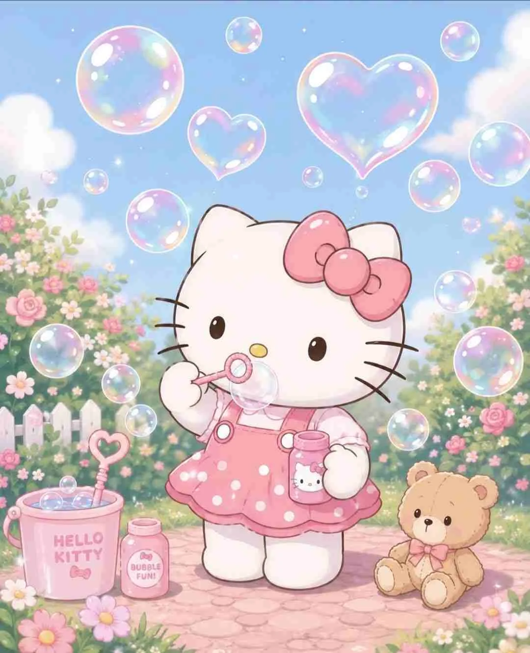Hình hello kitty cute đang thổi bong bóng hình tim trong vườn hoa xanh tươi.