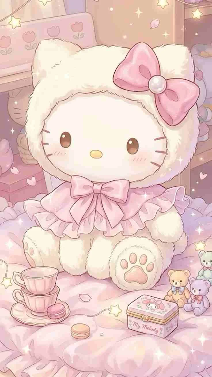 Hình hello kitty cute với búp bê lông xù màu hồng và không gian phòng ngủ mộng mơ