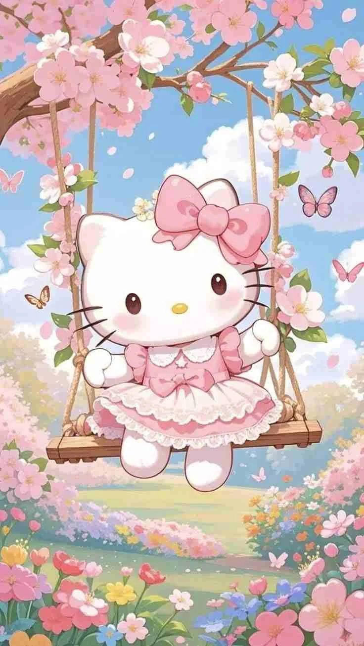Hình Hello Kitty cute đáng yêu ngồi trên cunga trong vườn hoa anh đào tươi đẹp
