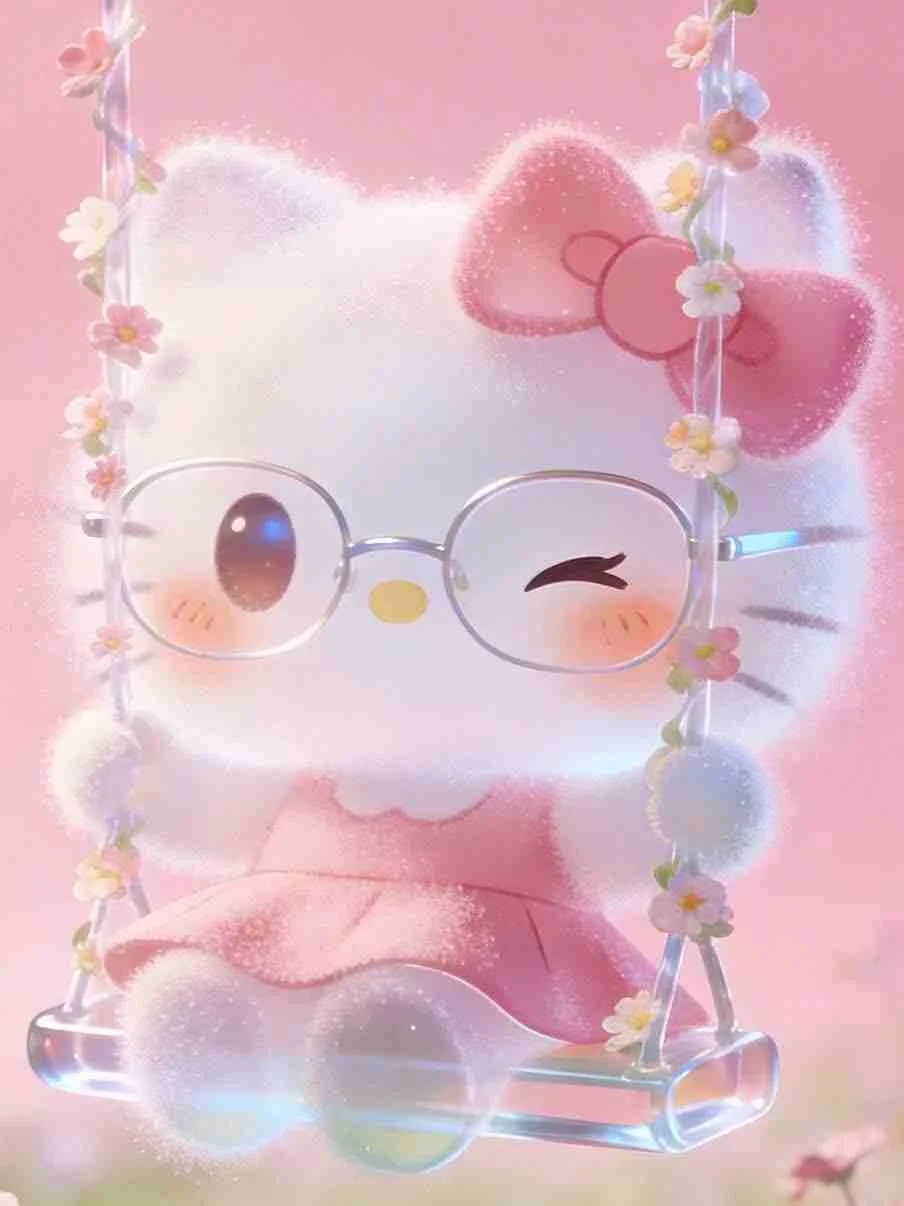 Hình Hello Kitty cute đeo kính đang ngồi trên xích đu hoa màu hồng.