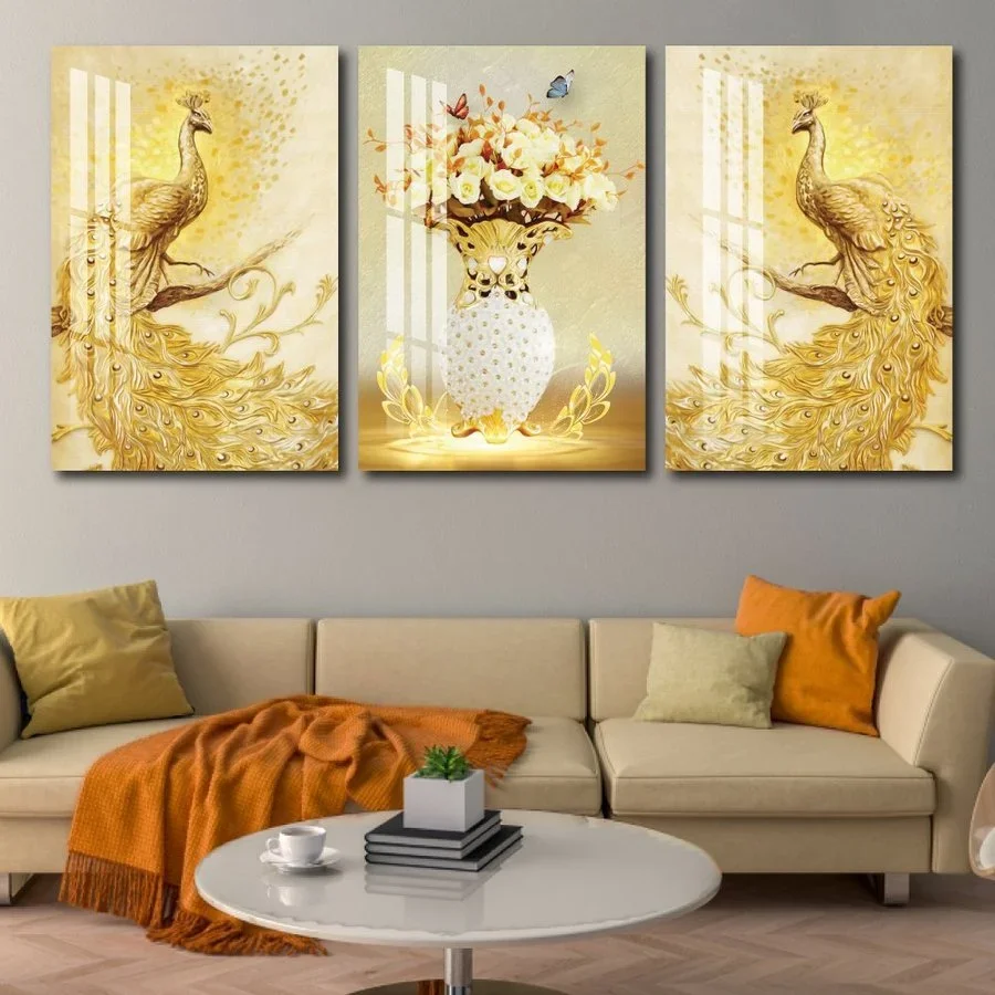 Bộ tranh tráng gương 3 tấm chủ đề hoa và chim công