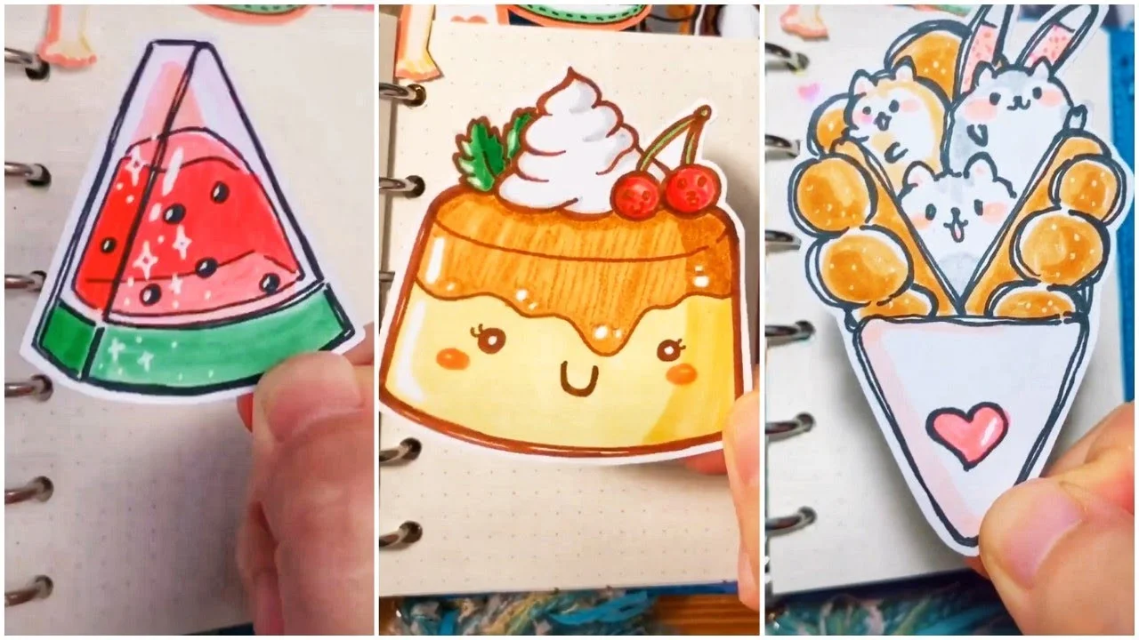 hình vẽ cute đơn giản đồ ăn gồm bánh flan và dưa hấu