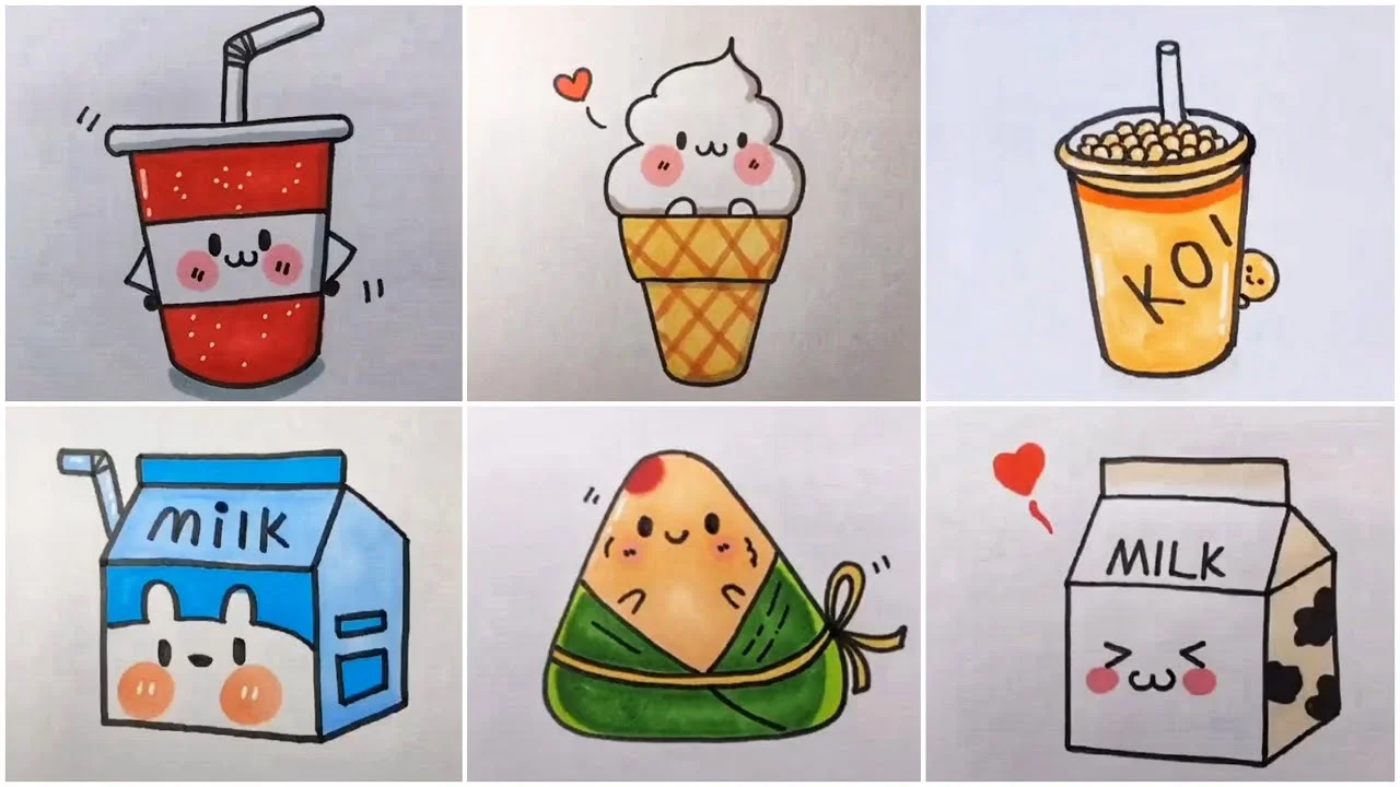 hình vẽ cute đơn giản đồ ăn gồm sữa và trà sữa