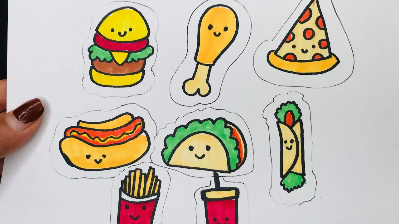 hình vẽ cute đơn giản đồ ăn gồm pizza và hotdog