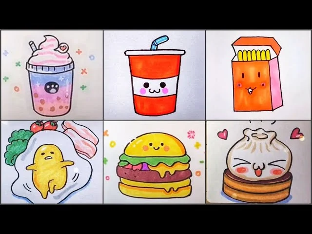 hình vẽ cute đơn giản đồ ăn gồm hamburger và bánh bao