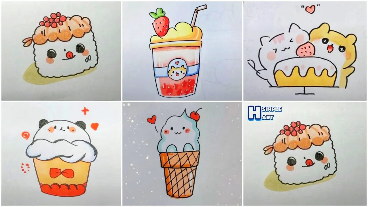 hình vẽ cute đơn giản đồ ăn gồm kem và sushi