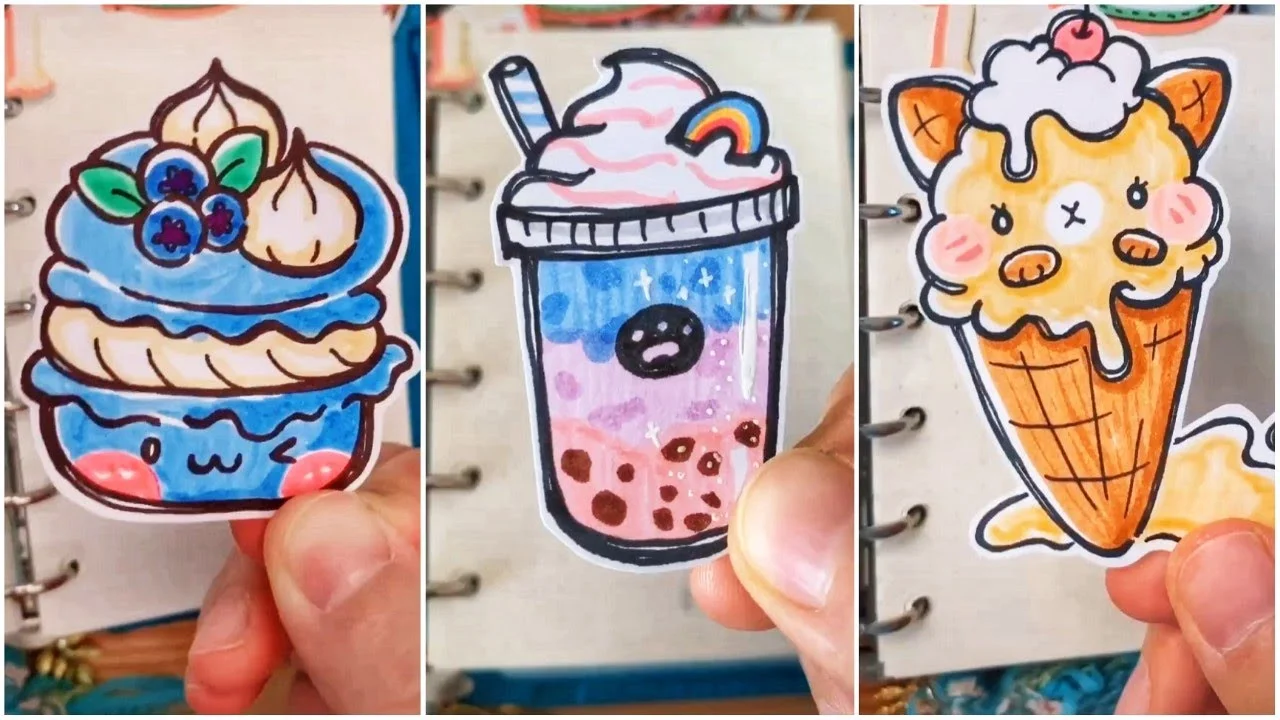 hình vẽ cute đơn giản đồ ăn gồm kem và trà sữa