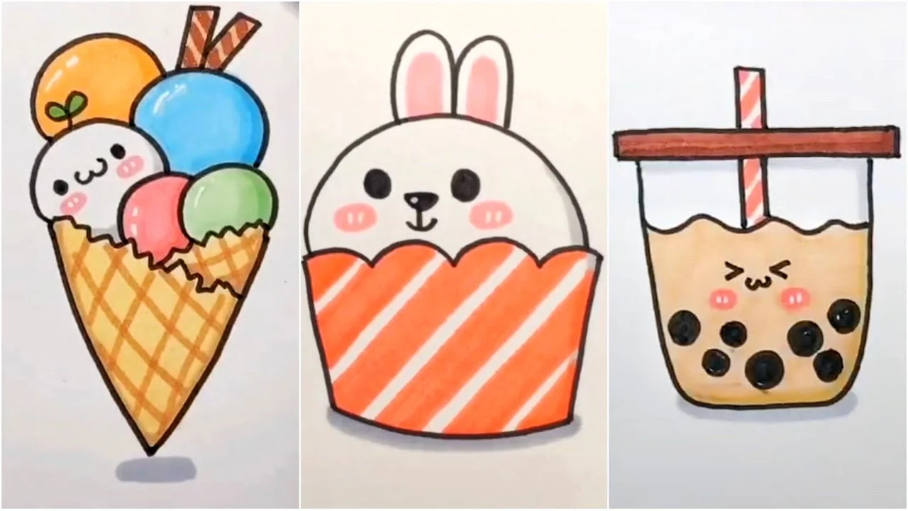 hình vẽ cute đơn giản đồ ăn gồm kem và bánh