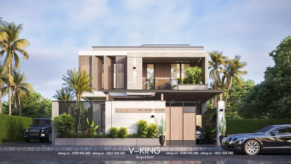 mẫu nhà hộp 2 tầng đẹp 2 mặt tiền có gara ô tô