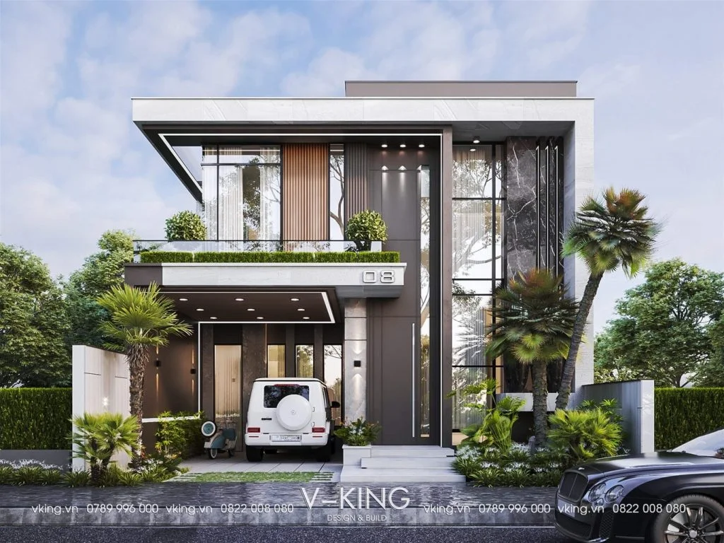 mẫu nhà hộp 2 tầng đẹp cuốn hút có gara ô tô