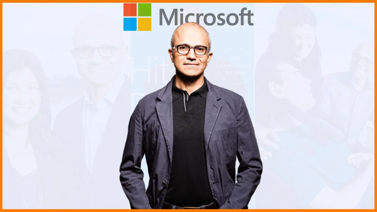 hình nền đẹp chân dung CEO Satya Nadella và logo Microsoft phong cách chuyên nghiệp