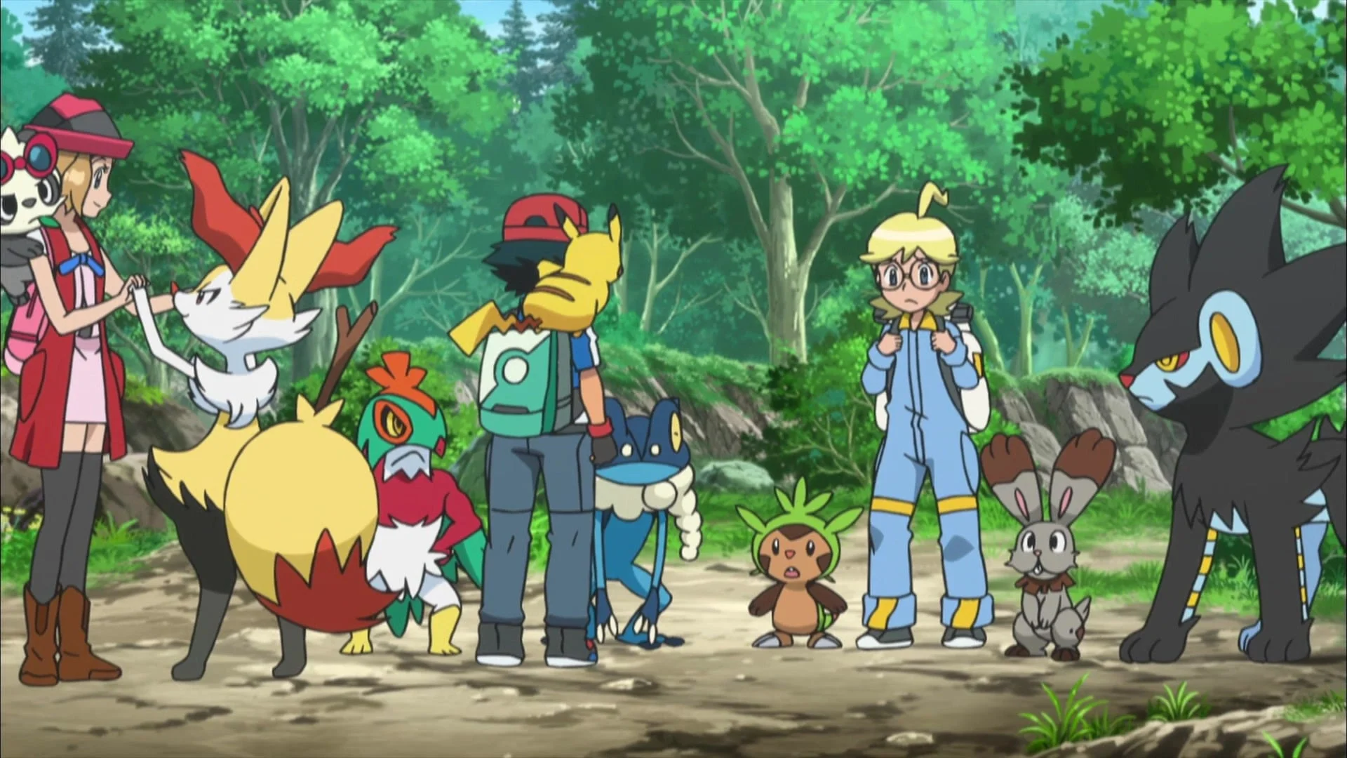 Ảnh hài hước về nhóm nhân vật và Pokémon đứng cùng nhau trong khu rừng xanh tươi