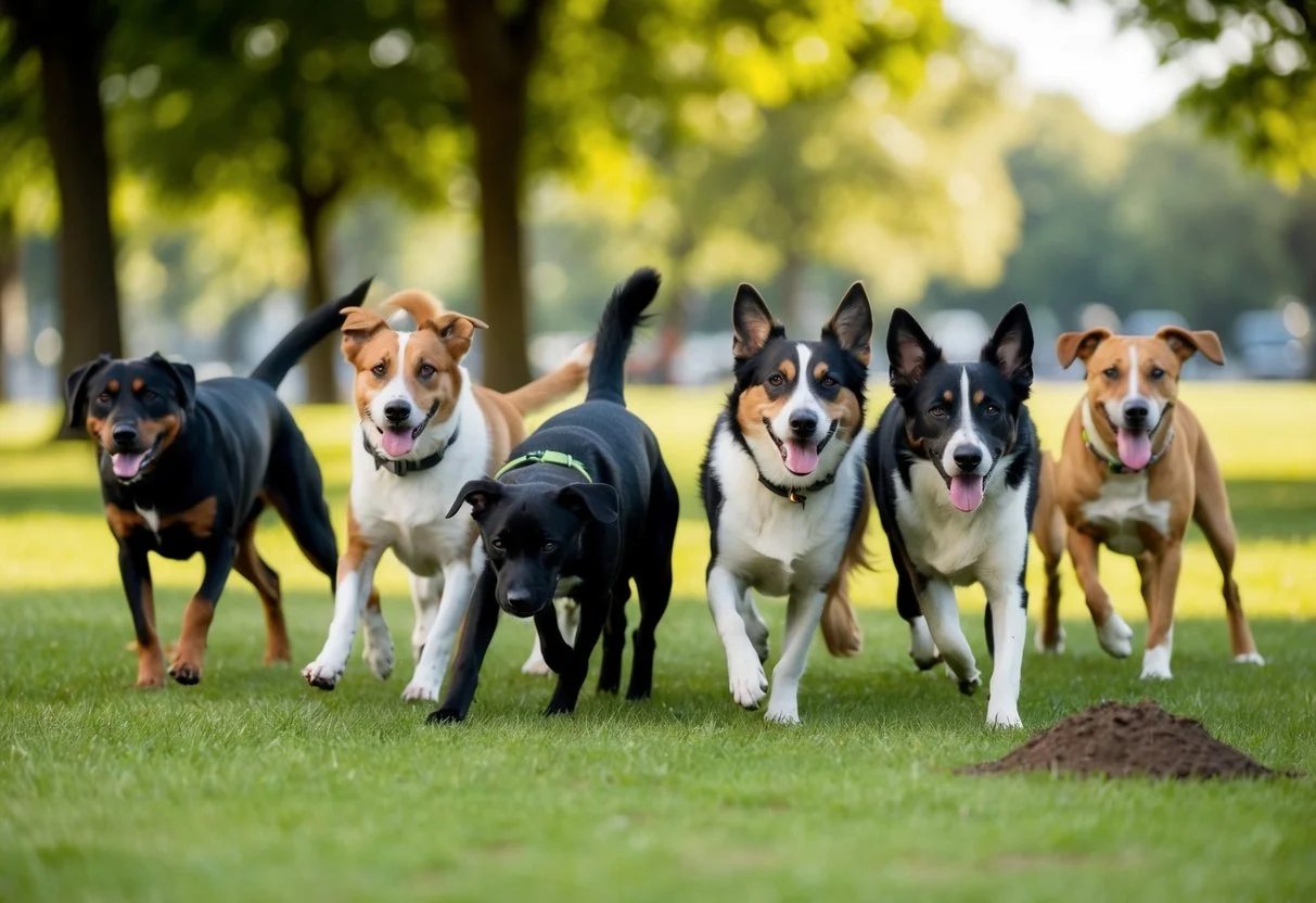 Nhóm năm chú chó đứng trên bãi cỏ trong công viên