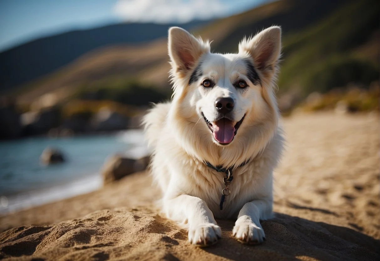 Hình nền iPhone đẹp chú chó Husky nằm trên bãi biển