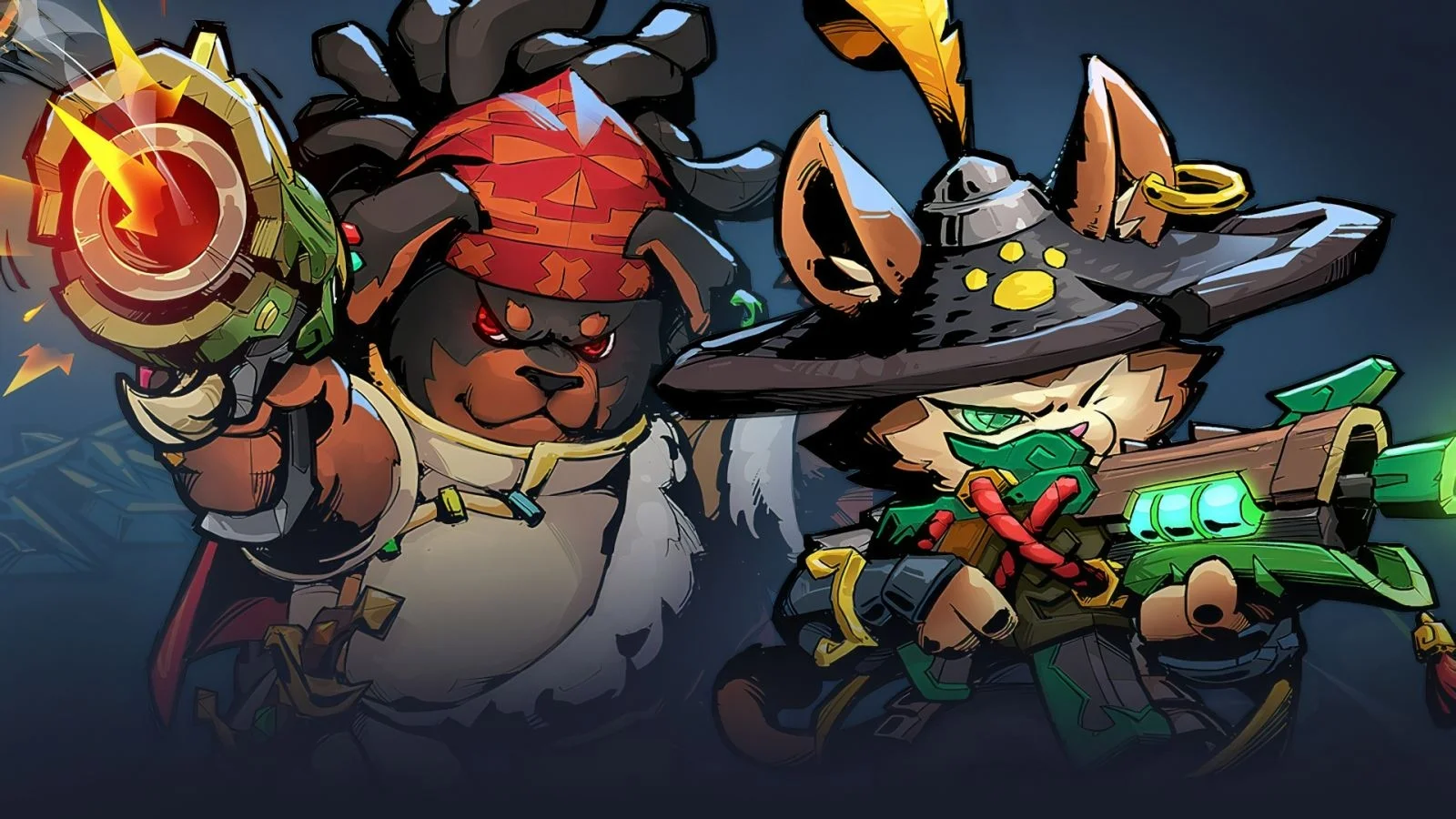 Hình minh họa game bắn súng với hai nhân vật động vật hoạt hình cầm vũ khí công nghệ trong bối cảnh giả tưởng tối màu