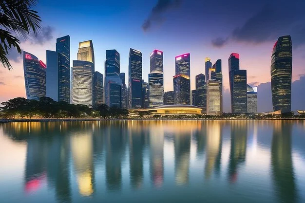 Đường chân trời Singapore hiện đại lúc hoàng hôn với các tòa nhà phản chiếu trên mặt nước