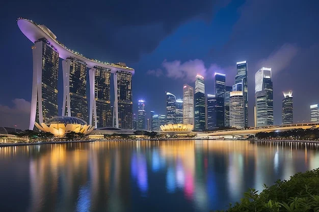 Marina Bay Singapore về đêm với Marina Bay Sands và đường chân trời phản chiếu trên vịnh