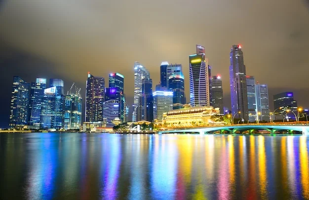 Các tòa nhà chọc trời Singapore rực sáng về đêm bên mặt nước phản chiếu