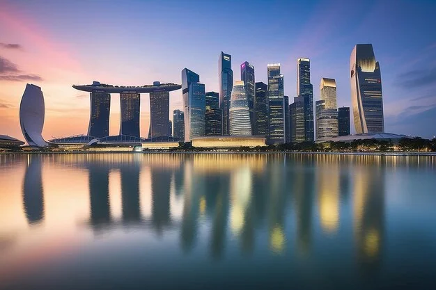 Marina Bay Singapore lúc bình minh với đường chân trời và mặt nước phẳng lặng