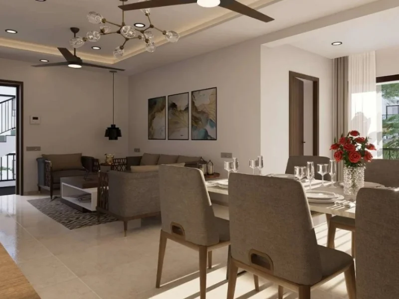 Nội thất phòng khách liền phòng ăn sang trọng của mẫu nhà 2 tầng đẹp với thiết kế hiện đại và ánh sáng tự nhiên