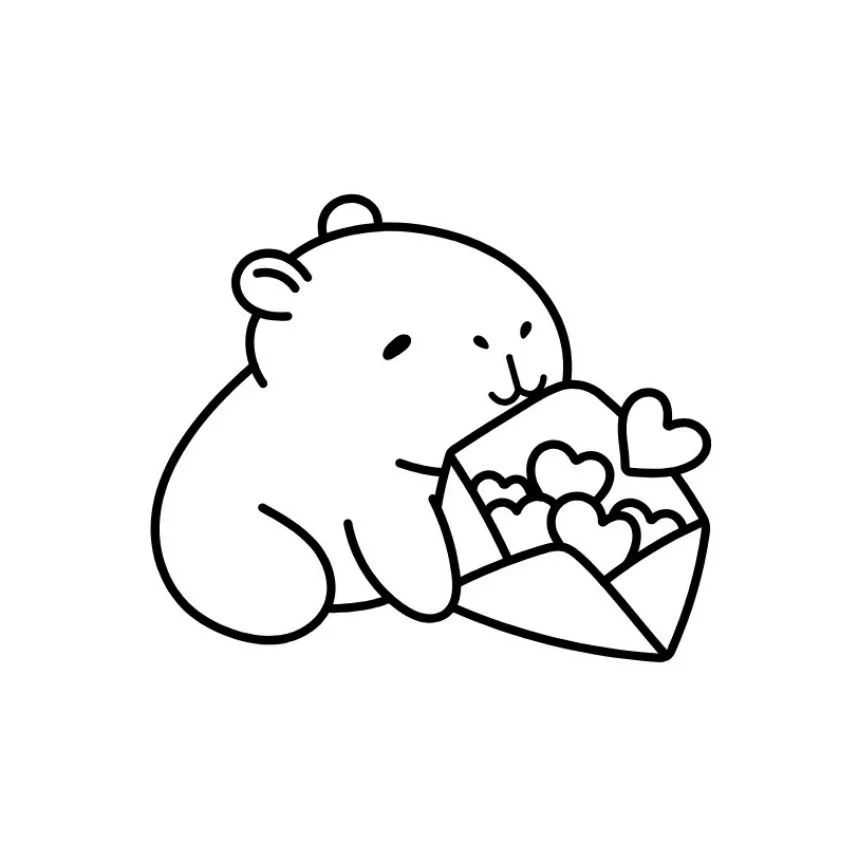 Tranh tô màu capybara cầm bó hoa hình trái tim