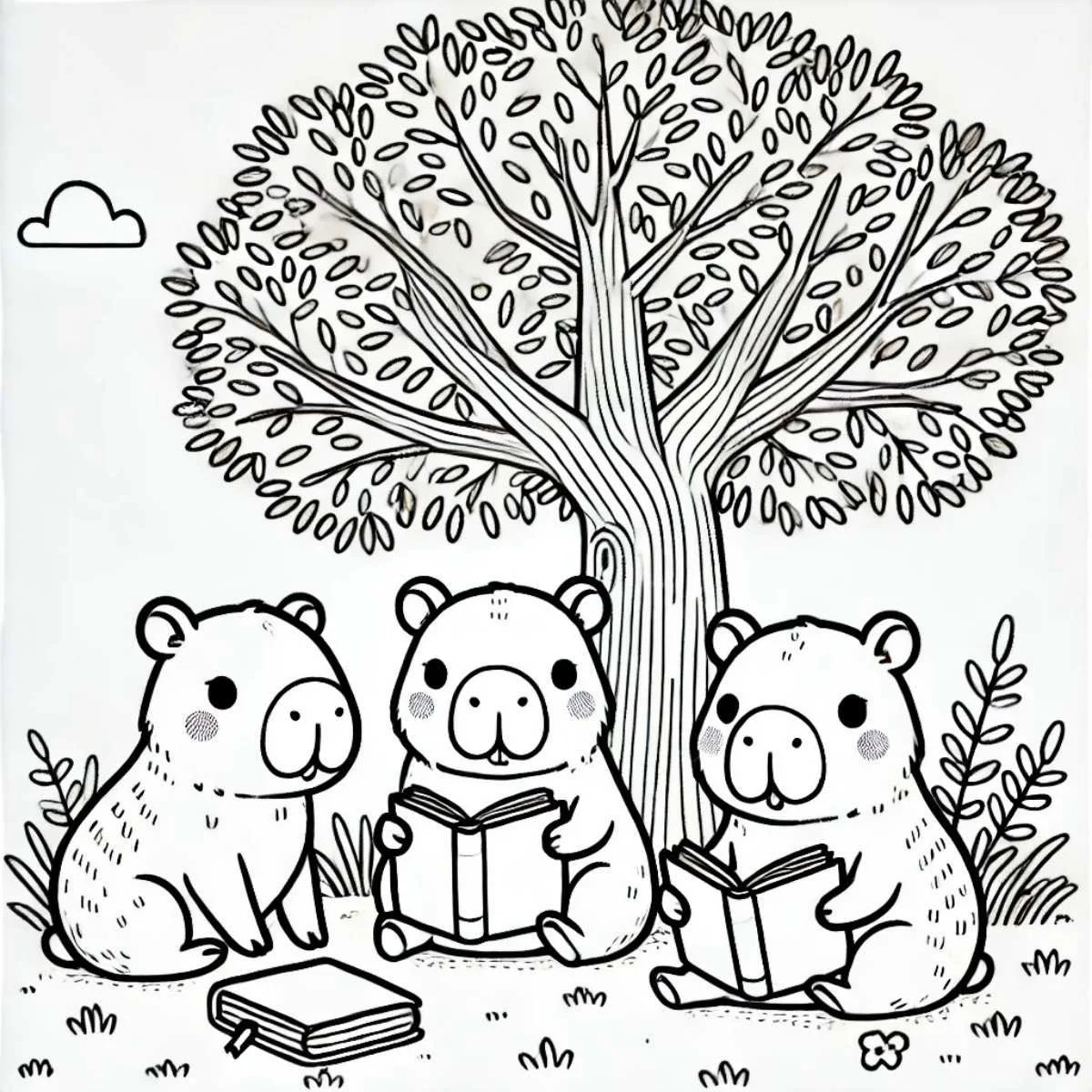 Tranh tô màu capybara với ba chú capybara đáng yêu đang đọc sách dưới gốc cây lớn