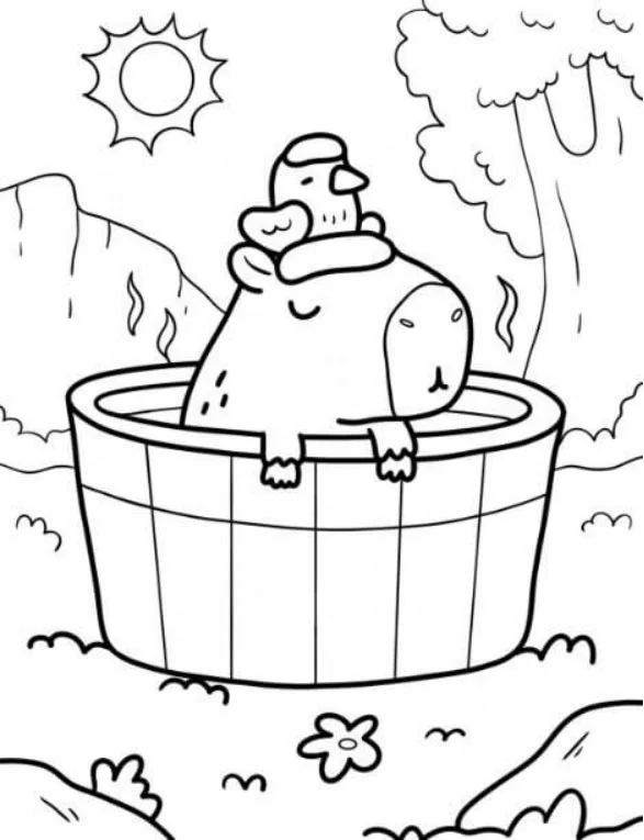 Tranh tô màu capybara ngồi trong chậu nước cùng chú vịt nhỏ giữa thiên nhiên