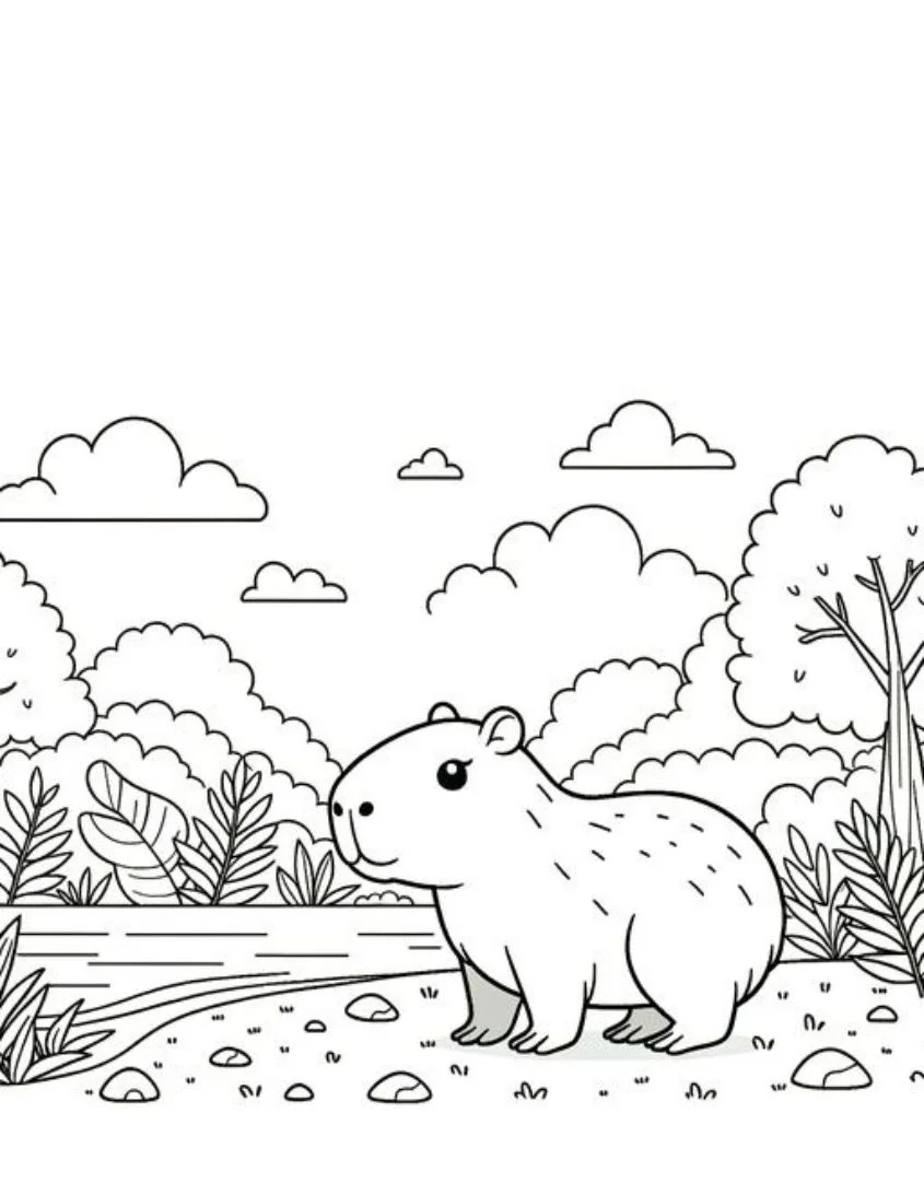 Tranh tô màu capybara đứng bên bờ hồ giữa cây cỏ