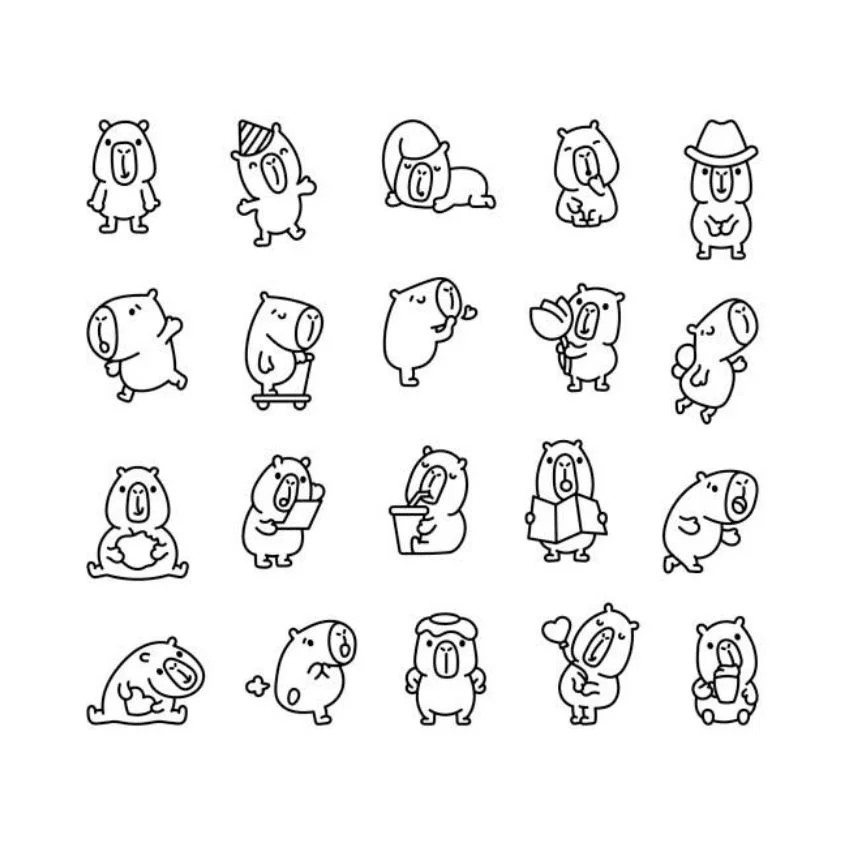 Tranh tô màu bộ sưu tập capybara với nhiều tư thế đáng yêu