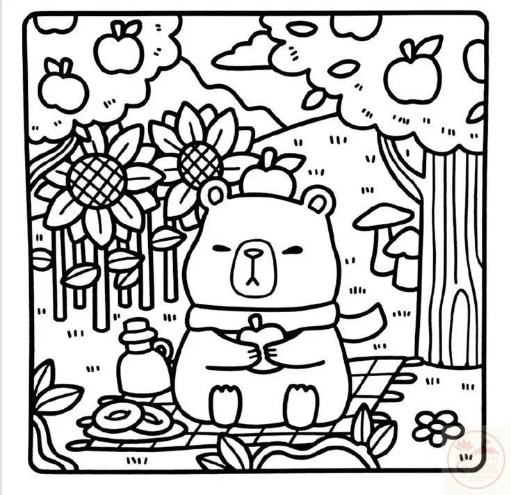 Tranh tô màu capybara dễ thương đang dã ngoại giữa khu rừng với hoa hướng dương, cây táo và nấm