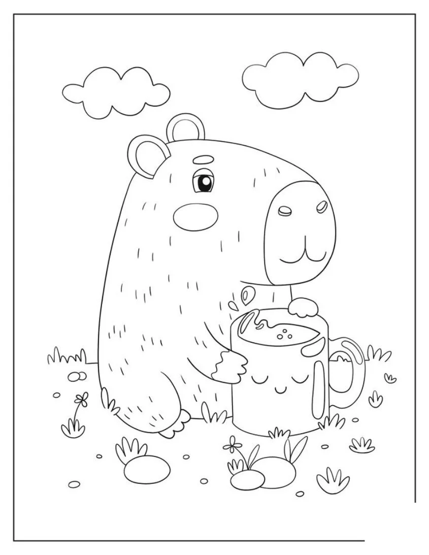 Tranh tô màu capybara tưới cây bên hồ sen