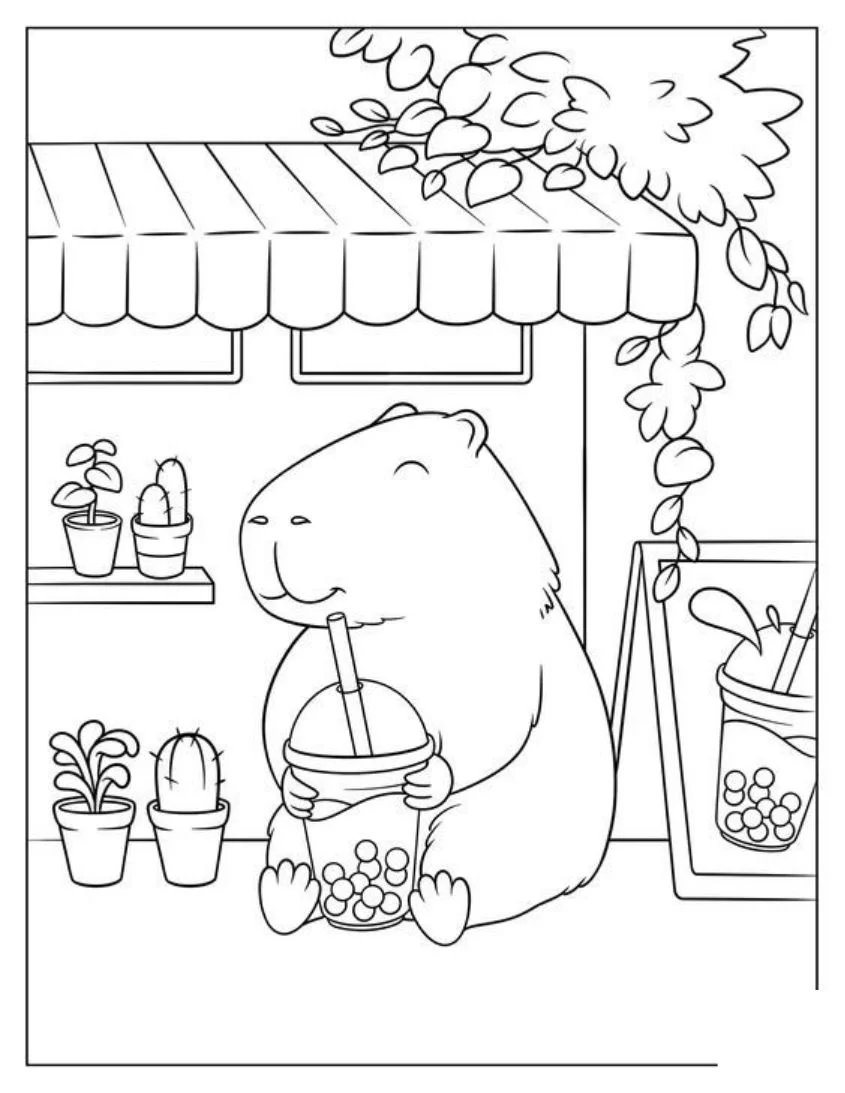 Tranh tô màu capybara dễ thương đang uống trà sữa trân châu trong quán nước có nhiều chậu cây