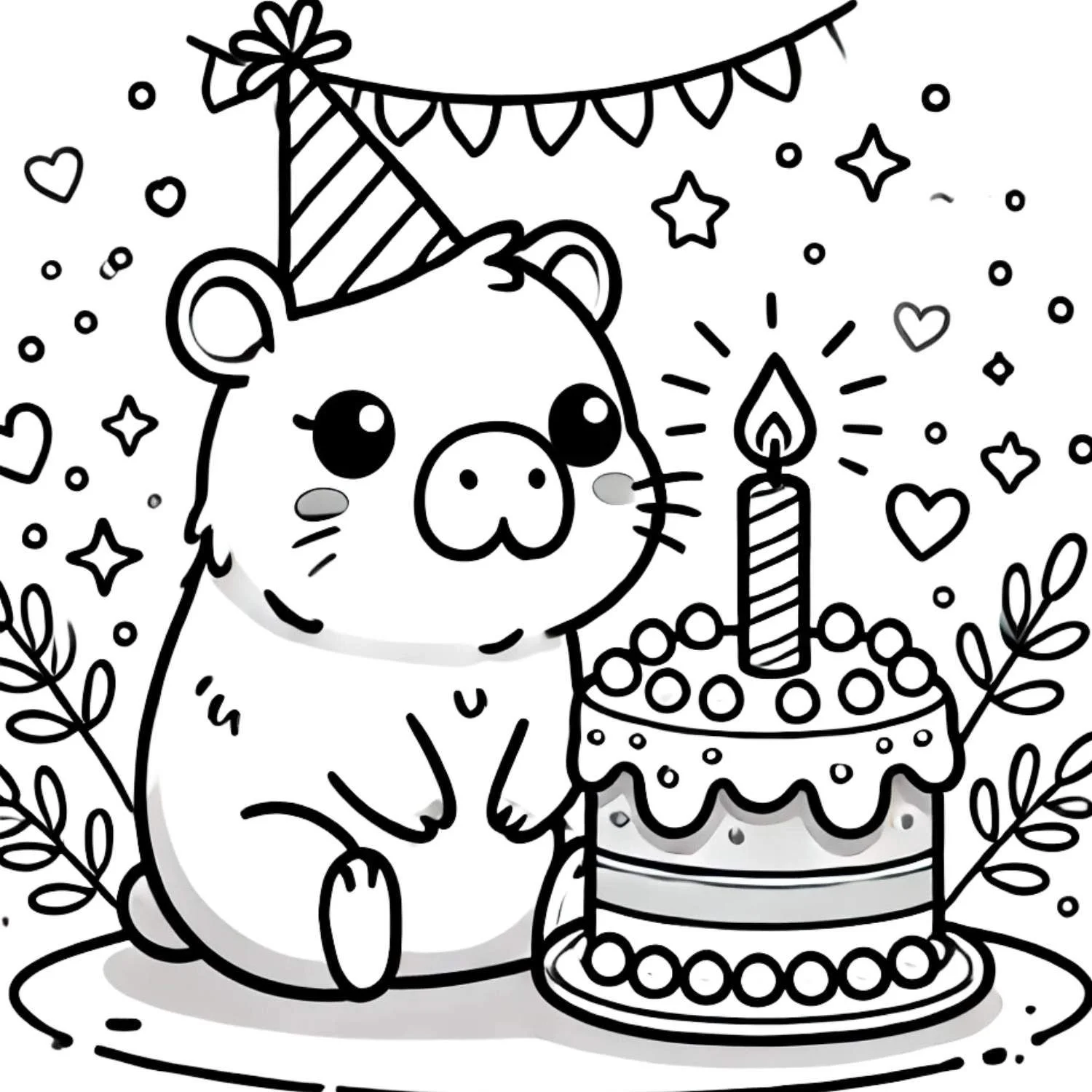 Tranh tô màu capybara dễ thương đội mũ sinh nhật bên bánh kem và nến trong bữa tiệc vui nhộn