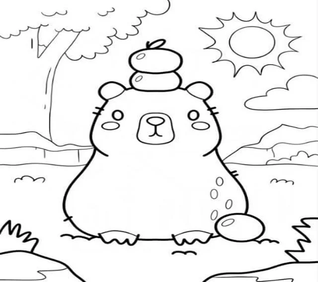 Tranh tô màu capybara đội vật nhỏ trên đầu giữa cảnh rừng núi