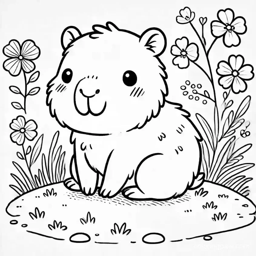 Tranh tô màu capybara dễ thương ngồi trên bãi cỏ giữa vườn hoa