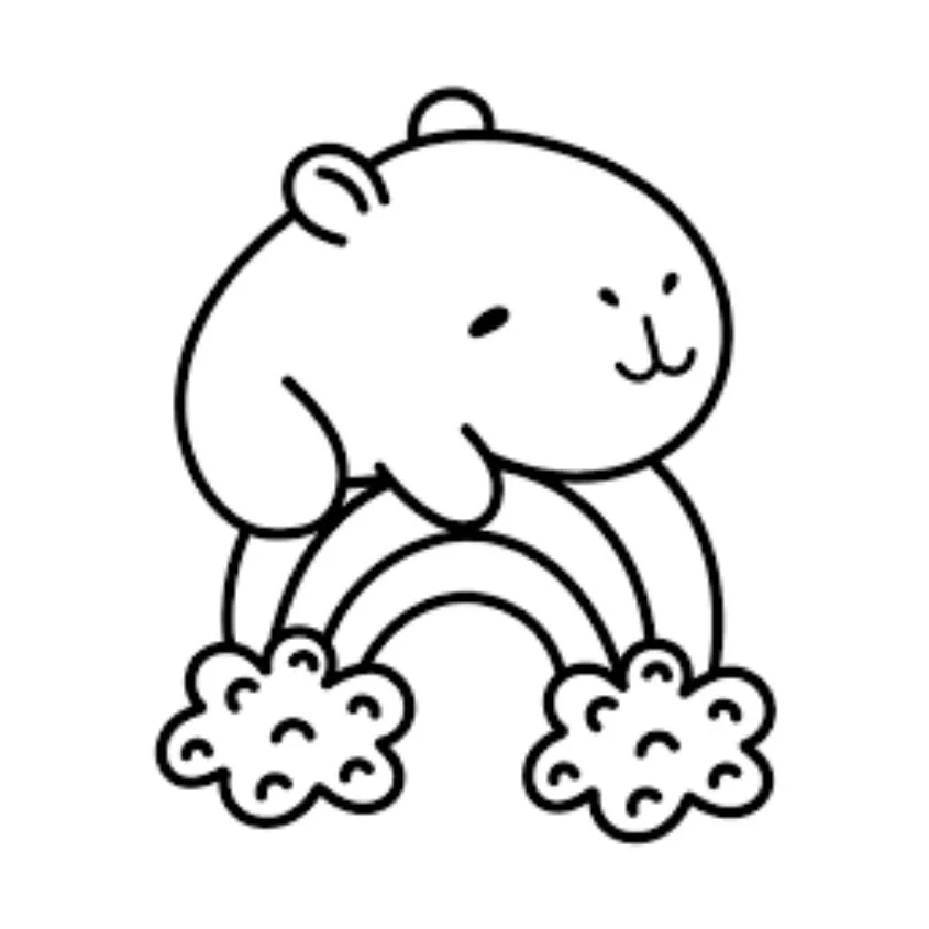 Tranh tô màu capybara dễ thương đứng dưới cầu vồng
