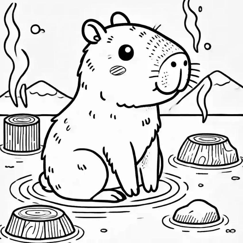 Tranh tô màu capybara đáng yêu đang ngồi giữa hồ nước với núi non và gốc cây xung quanh