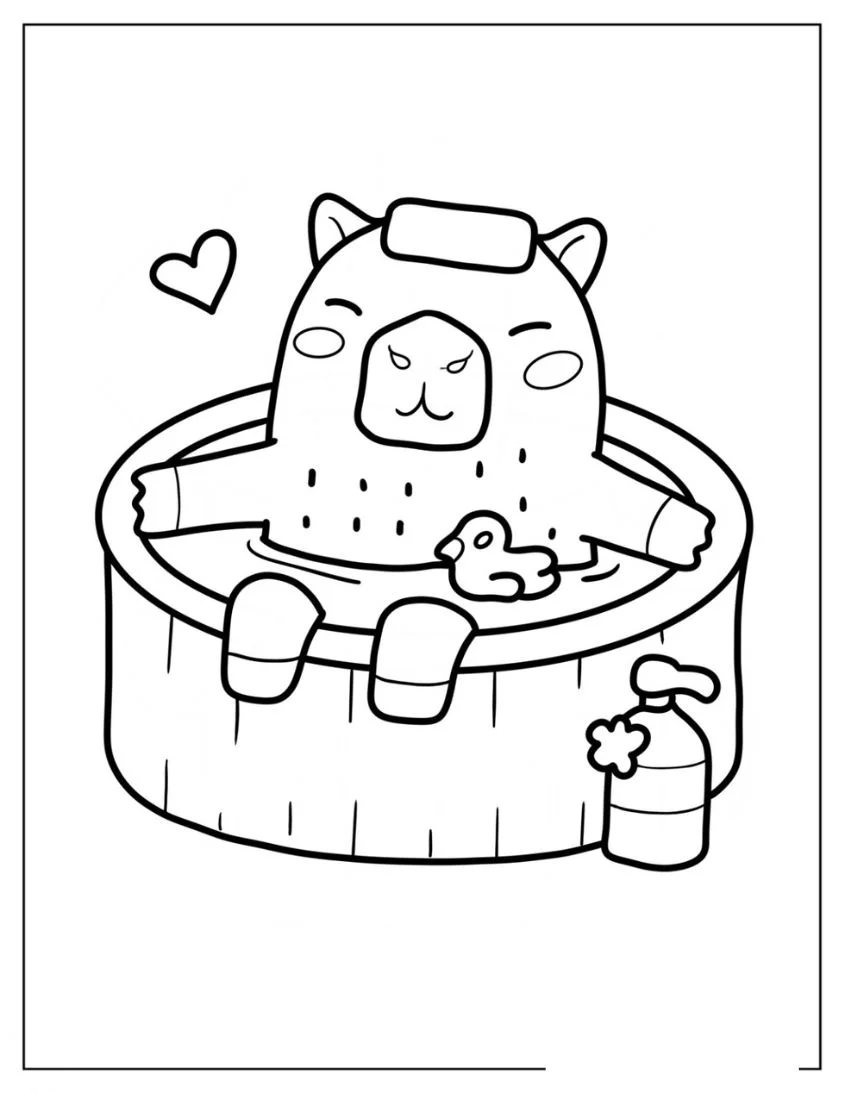 Tranh tô màu capybara ngồi trong chậu nước cùng vịt con
