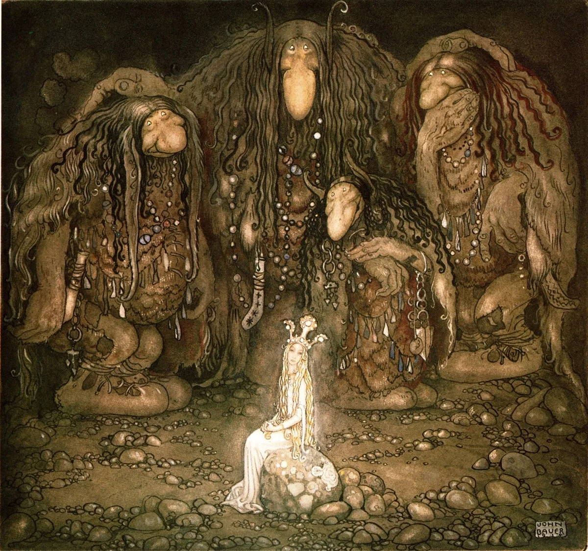 Hình nền đt đẹp phong cách fantasy cổ điển với cô gái mặc váy trắng giữa bốn sinh vật khổng lồ trong hang động u tối