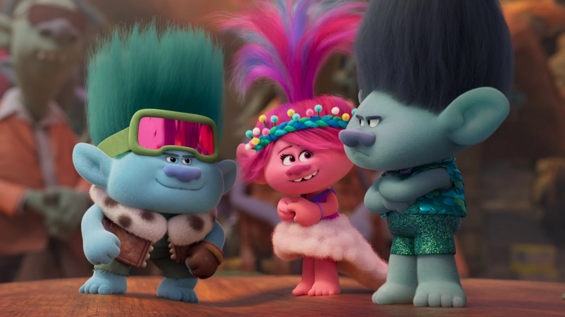 Hình nền đt đẹp với ba nhân vật Trolls hoạt hình đầy màu sắc, kiểu tóc độc đáo và biểu cảm vui nhộn