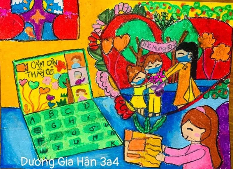 Tranh vẽ 20/11 của học sinh tiểu học dành tặng giáo viên. (Ảnh: Sưu tầm Internet)