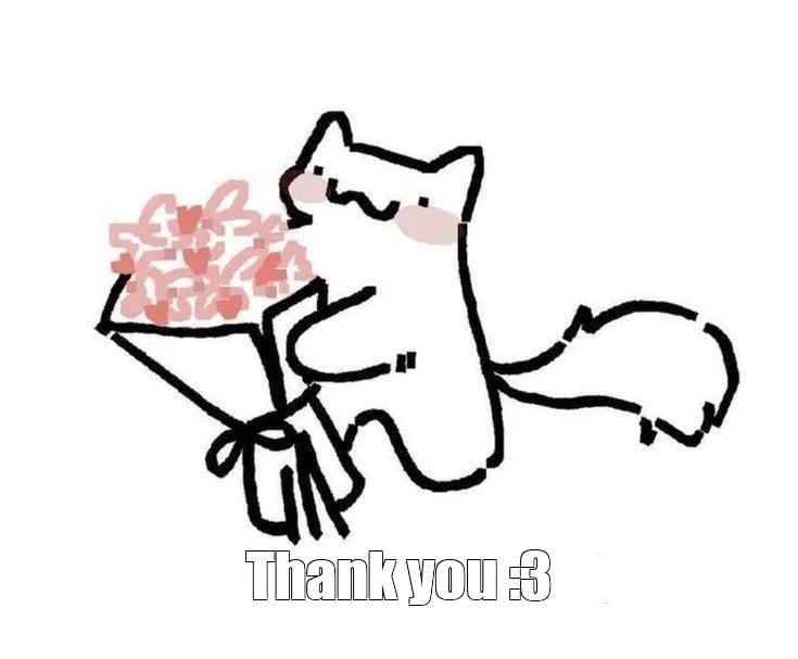 Meme thank you với hình vẽ mèo dễ thương cầm bó hoa