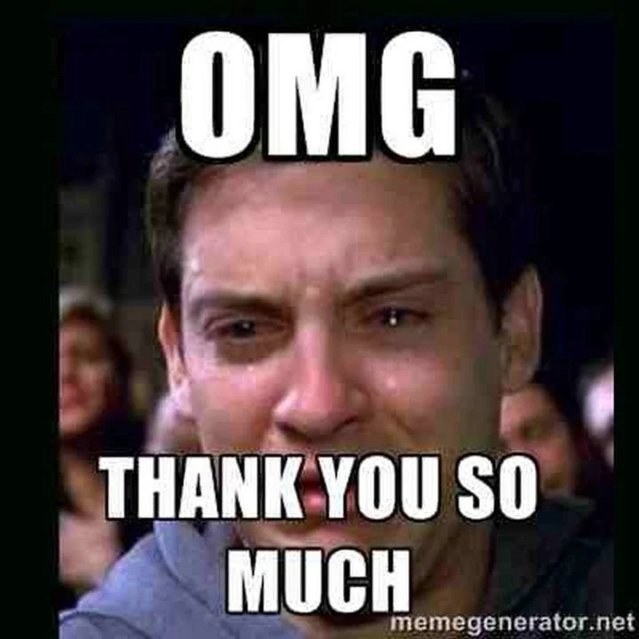 Meme thank you với hình ảnh Tobey Maguire xúc động