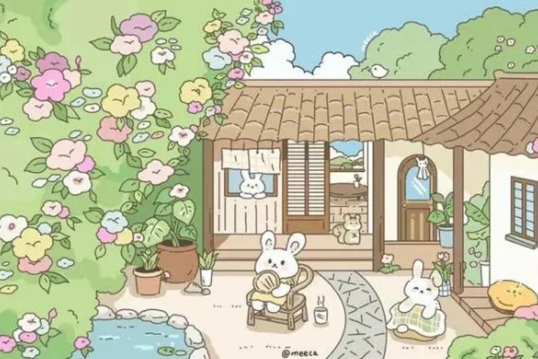 Nhà cửa cổ kính trong vườn hoa, chú thỏ ngồi dưới sân hiên, hình ảnh đẹp ngầu anime