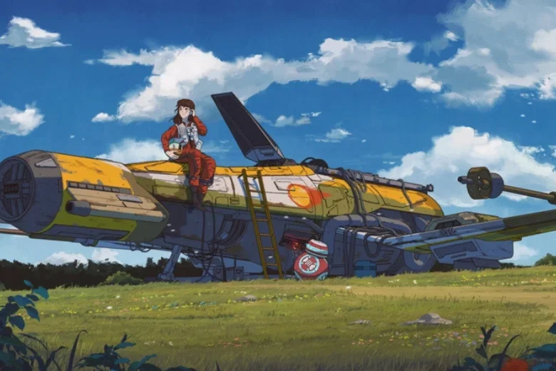 Nhân vật anime bên cạnh phi thuyền trong hình ảnh đẹp ngầu
