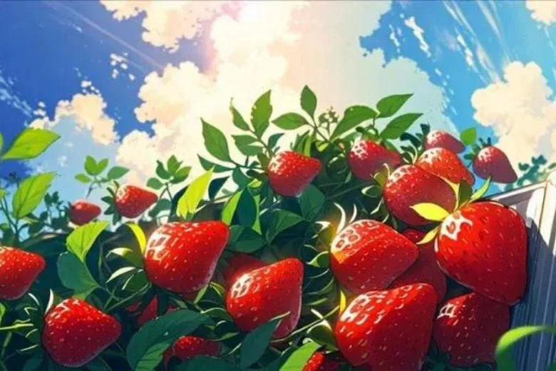 Dâu tây tươi ngon dưới trời xanh với mây trắng, hình ảnh đẹp ngầu