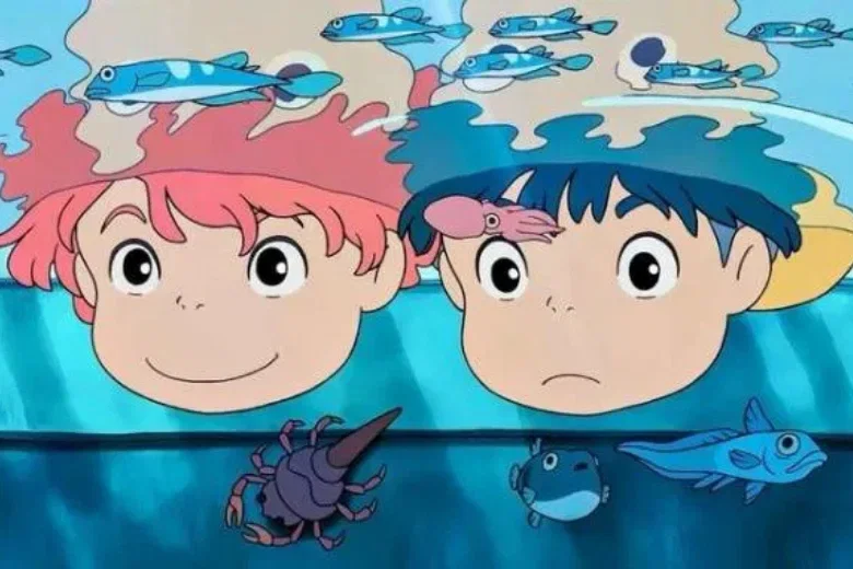 Hai nhân vật anime trong nước, cá mập và cá voi xung quanh, hình ảnh đẹp ngầu