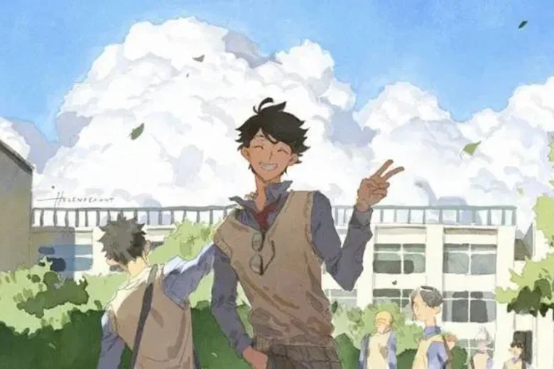 Thanh niên anime vẽ dấu V dưới trời xanh, trường học ở phông nền, hình ảnh đẹp ngầu