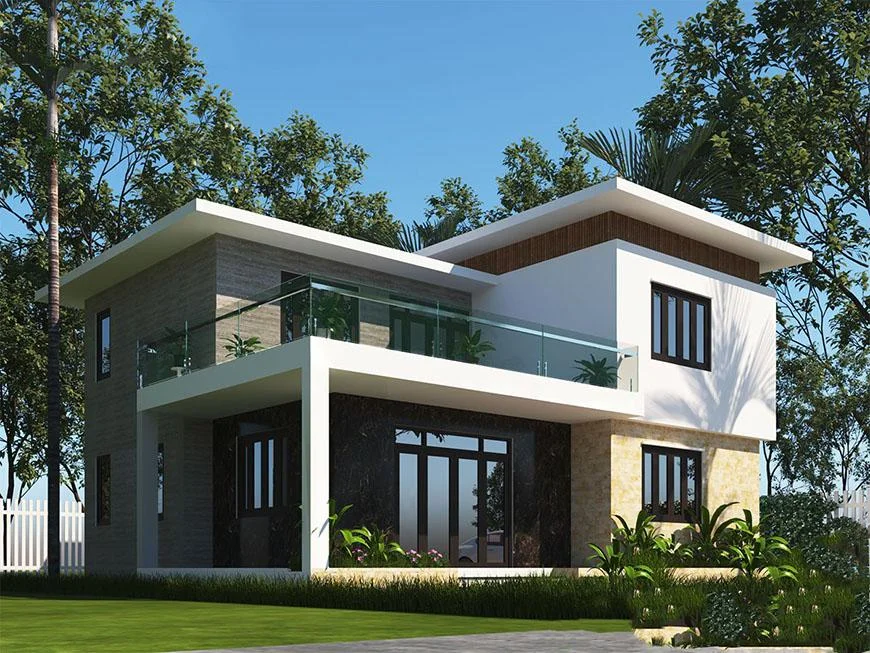 Thiết kế nhà 2 tầng mái bằng hiện đại